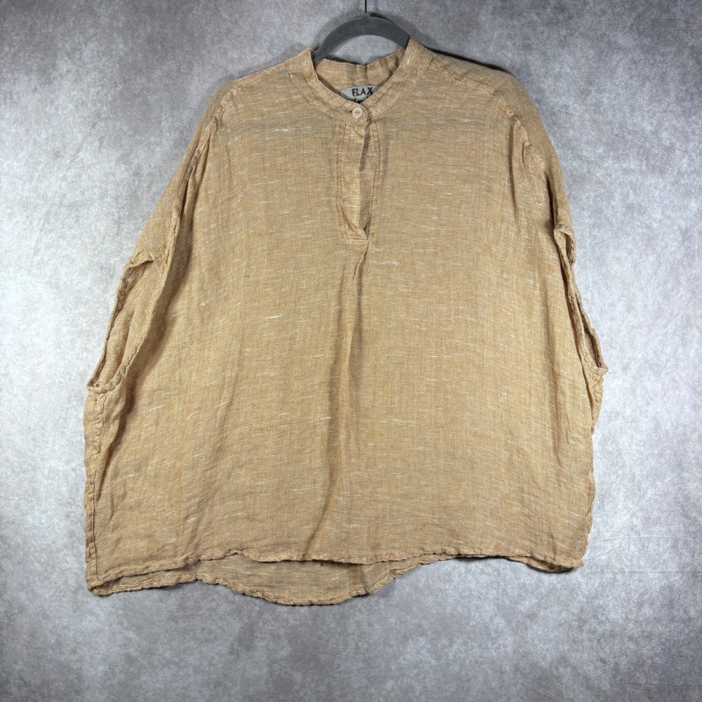 FLAX Top Womens Medium Tan Linen Oversized Poncho Blouse Lagenlook Boho‎ Coastal